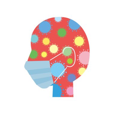 Maske takan bir kişinin kafasıyla yayılan bir virüs tasviri.