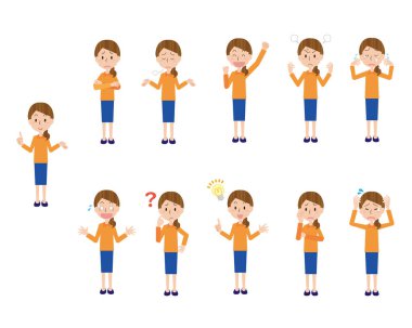 Genç bir kadının yüz ifadesi seti.