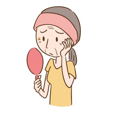 Leke ve kırışıklıklardan muzdarip bir kadının resmi.