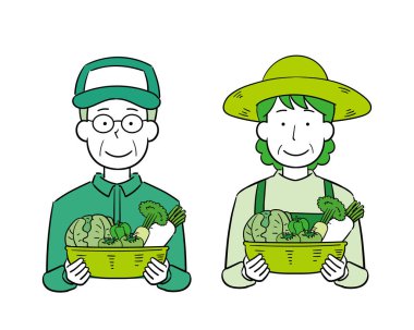 Tarım üreticileri, erkek ve kadın, ellerinde sebze dolu bir sepet tutuyorlar.