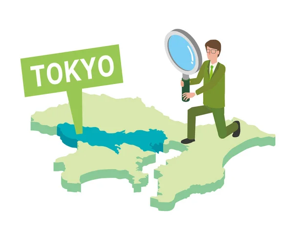 Ilustración Hombre Investigando Tokio — Vector de stock
