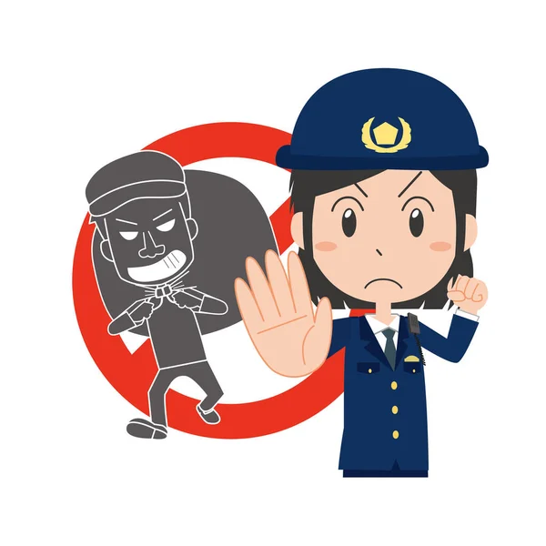 Иллюстрация Японской Женщины Полицейского Останавливающей Подозрительного Мужчину — стоковый вектор