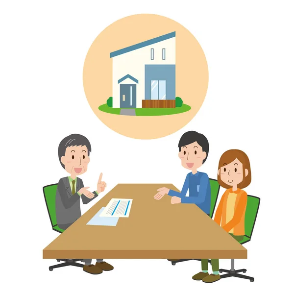 Illustration Couple Receiving Explanation Buying House — Stock Vector