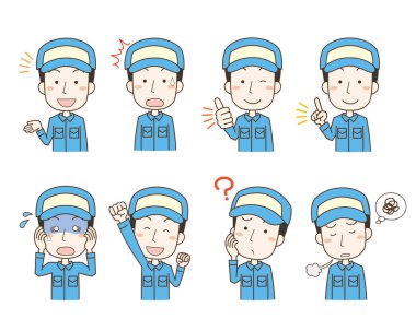 Çeşitli yüz ifadeleri ve pozları olan erkek işçilerin resimleri.