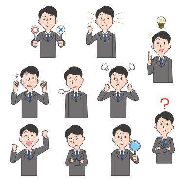 Erkek ofis çalışanlarının yüz ifadelerinin ve pozlarının çizimlerini yapın