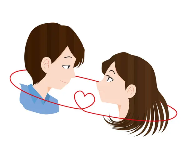Man Woman Staring Each Other Red Thread Fate Heart — Stock Vector