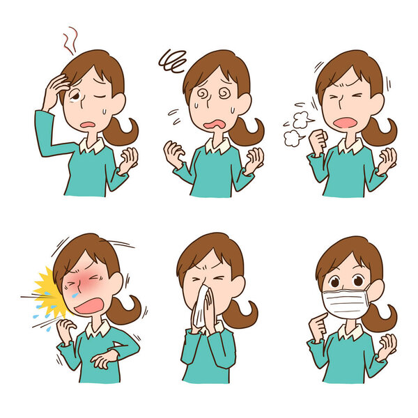 Young woman unwell illustration set