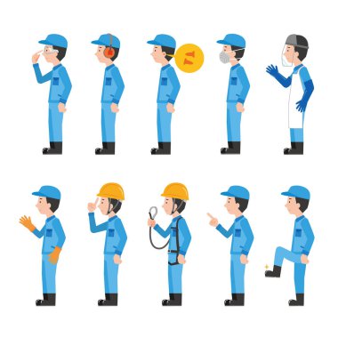 Worker's safety protective equipment wearing illustration set clipart