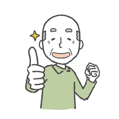 Yaşlı adam başparmağıyla sevinir.