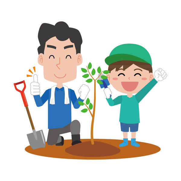 A smiling parent and child planting trees