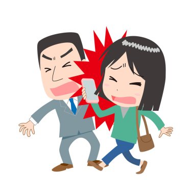 Akıllı telefondan konuşan ve bir erkekle çarpışan bir kadın.