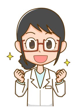 Laboratuvar önlüğü ve gözlük takan mutlu bir kadın.