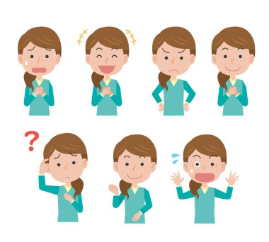 Genç kadın yüz ifadesi poz verme seti