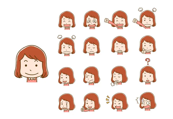 Female Girl Face Expression Various Settings — Stock Vector