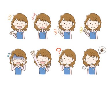 Genç bayan ofis çalışanı yüz ifadesi tanıtım seti