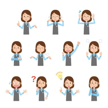 Bir resepsiyonist kadın yüz ifadesi seti