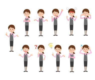 Şirket üniformalı, değişik ifadelere sahip kadınların resimleri.