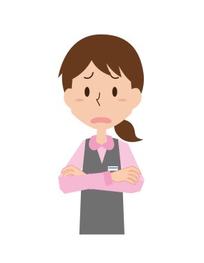Resepsiyondaki genç bir kadın kollarını kavuşturmuş.
