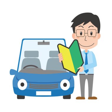 Acemi işareti olan bir adamın olduğu bir araba tasviri.