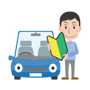 Acemi işareti olan bir adamın olduğu bir araba tasviri.