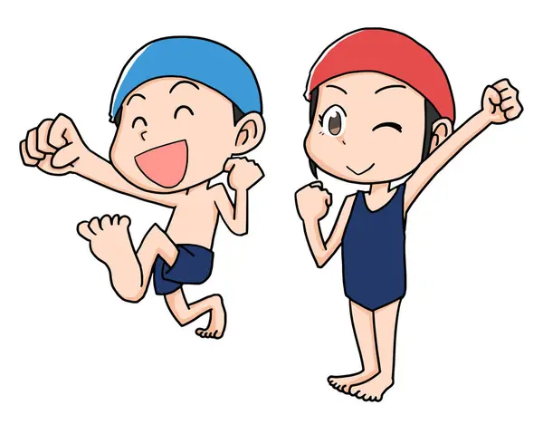 Enerjik erkek ve kadın çocuklar mayo içinde yüzmeye hazırlanıyor.