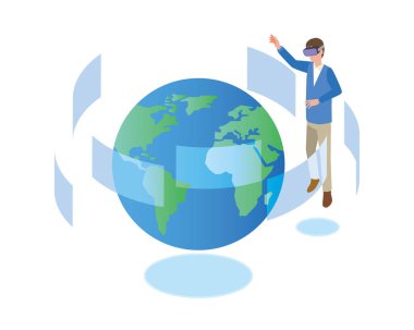 VR gözlüklü ve Dünya 'lı bir adam