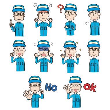 İş kıyafetleri giyen orta yaşlı adamların pozları ve ifadeleri.