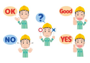 İş elbiseli adamlar, el işaretleri ve yüz ifadeleriyle kask takıyor.