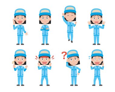 Kadın çalışanın yüz ifadesi poz verme seti