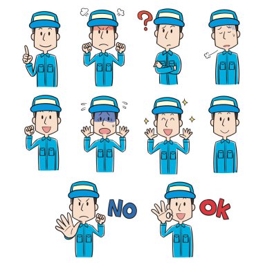 Yüz ifadesi, iş kıyafetleri giyen bir adamın farklı bir görünüm sergiliyor.