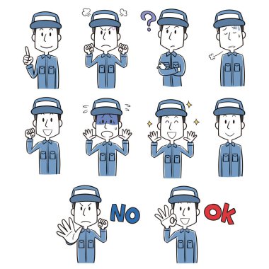 Yüz ifadesi, iş kıyafetleri giyen bir adamın farklı bir görünüm sergiliyor.