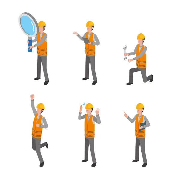 Pose Illustrieren Arbeiter Mit Orangefarbenen Westen — Stockvektor