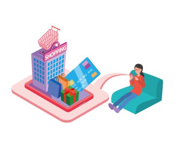 Kanepede oturan ve internetten alışveriş yapan kadın.