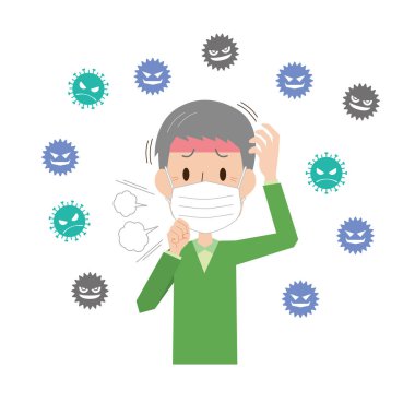 Virüsün yol açtığı soğuk algınlığı yüzünden maske takan yaşlı bir adam.