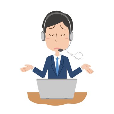 Çağrı merkezinde iç çeken bir erkek ofis çalışanı tasviri