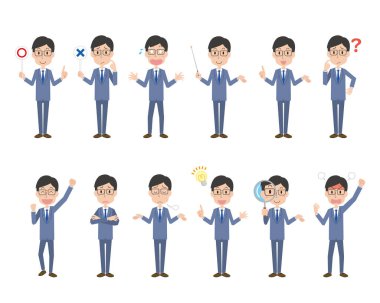 Takım elbiseli ve gözlüklü adam yüz ifadesi hazır.