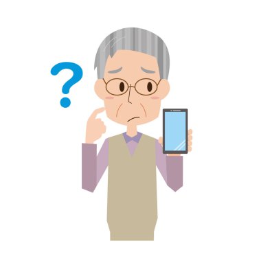 Akıllı telefon kullanmayı bilmeyen kıdemli bir adamın tasviri.