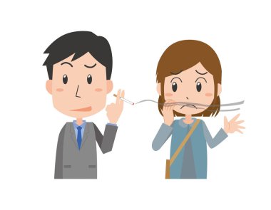 Sinir bozucu sigara dumanı olan kadın ofis çalışanı tasviri