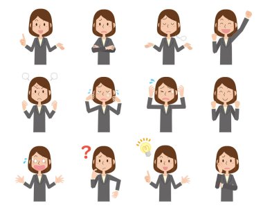 Çeşitli yüz ifadeleri ve pozları olan iş kadını figürleri.