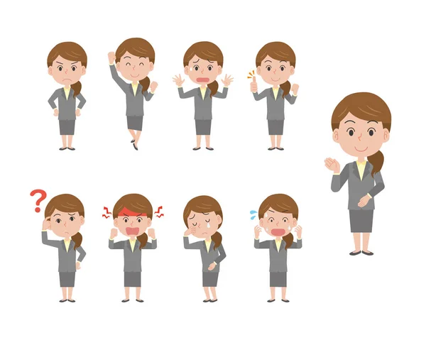 Takım elbiseli kadın ofis çalışanı yüz ifadesi poz seti