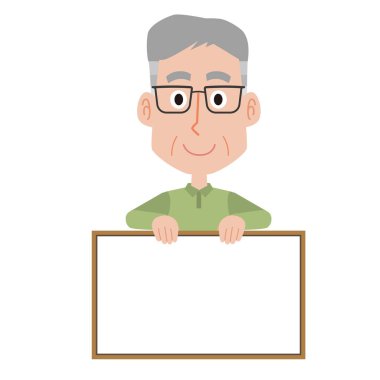 Kopya alanı için tahtası olan gülümseyen yaşlı bir adam.