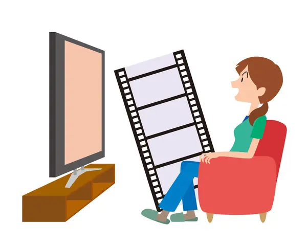 Woman Sitting Couch Watching Movie Her Home — Stock Vector