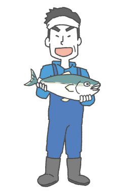 Elinde balıkla gülümseyen bir balıkçı.