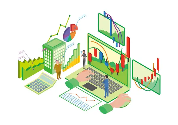 Hisse senedi ticareti ve şirket analizinin Isometric illüstrasyonu