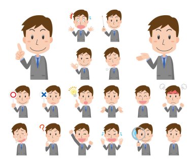 Takım elbiseli ofis çalışanlarının çeşitli pozları.