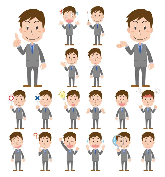 Takım elbiseli ofis çalışanlarının çeşitli pozları.