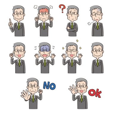 Çeşitli yüz ifadeleri ve pozları olan takım elbiseli yaşlı bir adam.