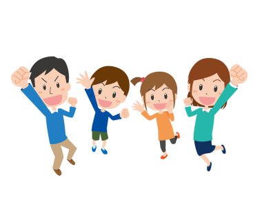 Gülümseyen bir aile enerjik bir şekilde atlıyor.