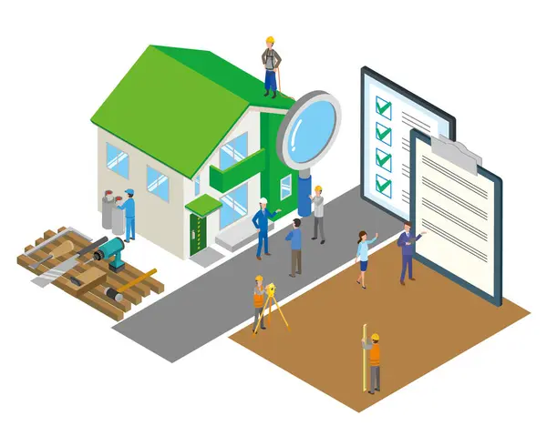 Isometric Illustrations People Building Houses — Stock Vector