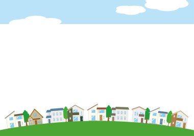 Ev ve mavi gökyüzünün dekoratif çerçeve çizimi